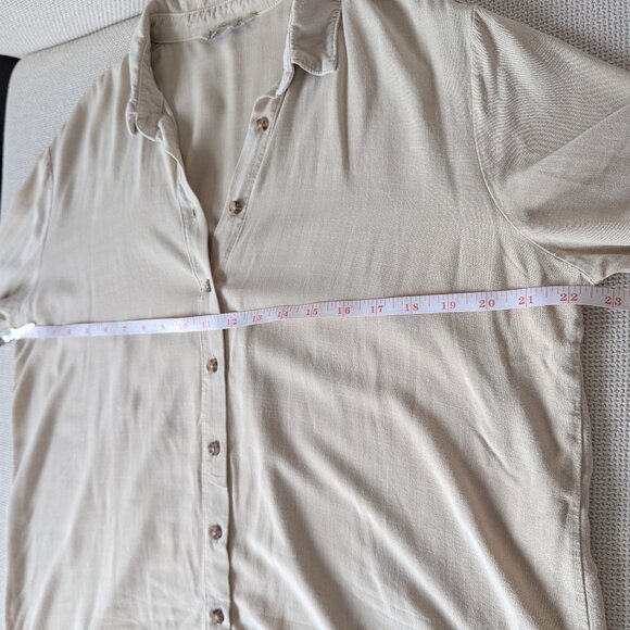 Stradivarius, Linen-like Oatmeal-beige Roll-up Sleeve Blouse, Size L - Picture 9 of 13